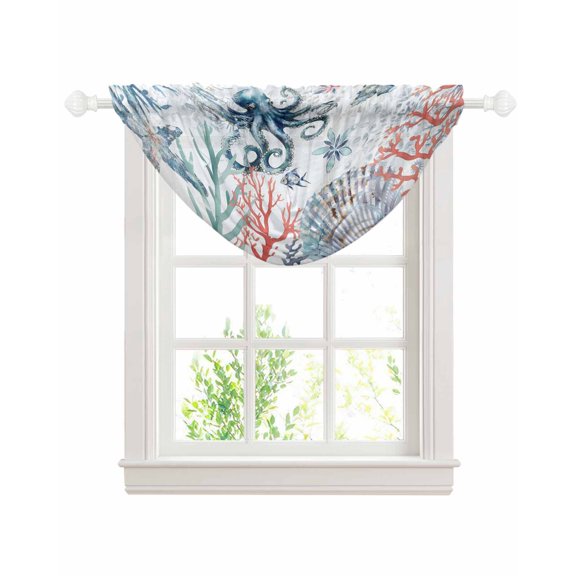 Ocean Octopus Sheer Waterfall Valance Curtains for Window, Summer Coastal Coral Flower Shells Rod Pocket Sheer Topper Swag Curtains for Living Room, Kitchen 38.5"W x 47.2"L, 1 Panel