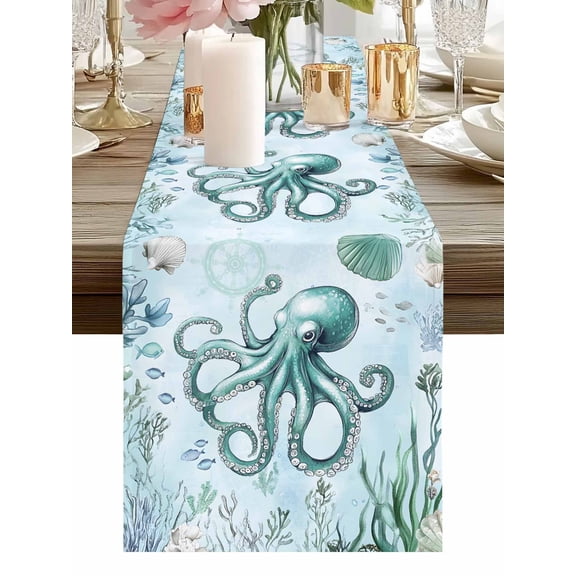 Ocean Octopus Shell Seaweed Table Runner-36 Inch Long Sea Monster Underwater World Table Runners Linen Burlap Tablerunner for Kitchen Dining Room Holiday Party