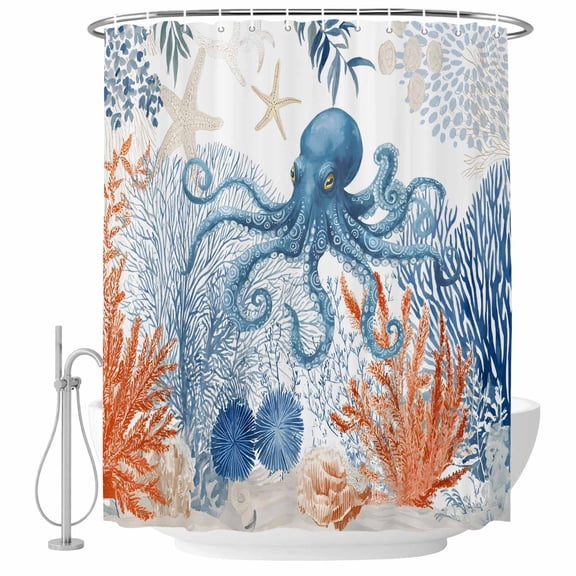 Ocean Octopus Shower Curtain for Bathroom, Summer Orange Blue Sea Animal Corals Shells Waterproof Cloth Fabric Bathroom Accessories Set with 12 Rust Proof Plastic Hooks, 72"x96"