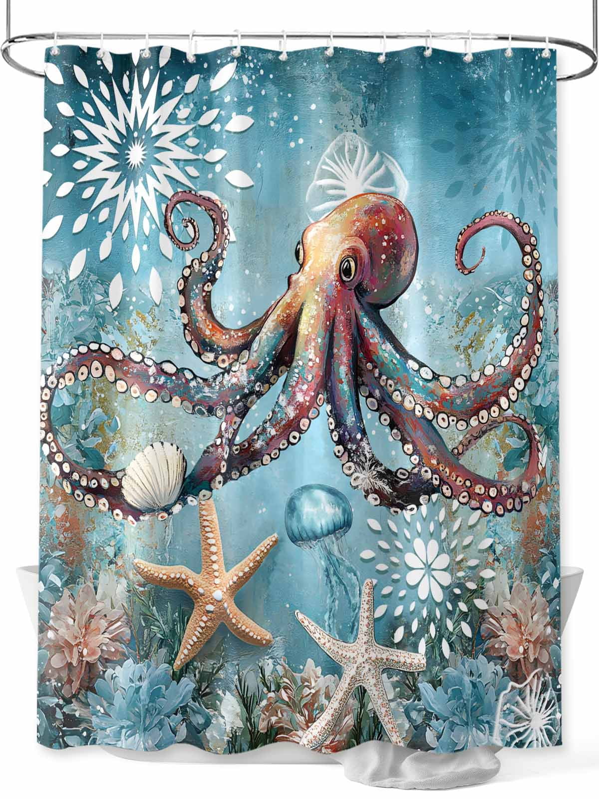 Ocean Octopus Shower Curtain, Sealife Marine Life Blue Coral Waterproof
