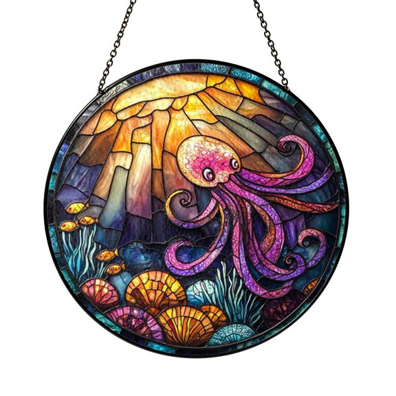 Ocean Octopus Stained Glass Suncatcher Window Hanging Decor, Underwater Coral Reef Stained Glass Style Window Ornament, Sea Life Art Sun Catcher for Living Room Window Decor