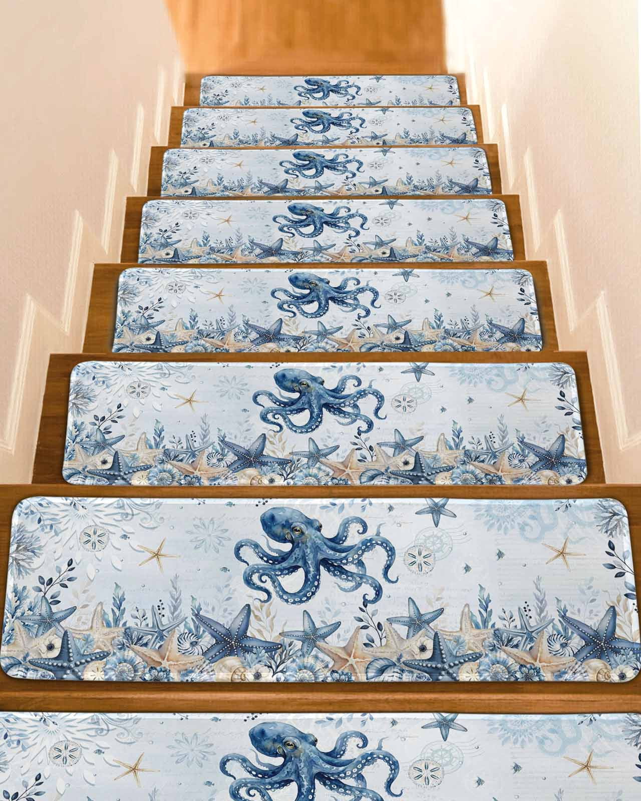 Ocean Octopus Stair Treads Blue Yellow Sea Star Shell Coral Blue Indoor ...