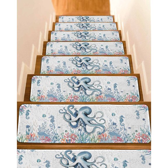 Ocean Octopus Stair Treads Watercolor Seaweed Sea Horse Coral White Letter Texture Indoor Non Slip Peel and Stick Stair Treads for Wooden Steps 15 PCS, Soft Adhesive Staircase Mats Runner Rugs 8"x30"