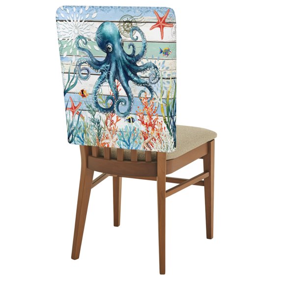 Ocean Octopus Starfish Coral Chair Back Cover - 4 Pcs Dining Chair Slipcovers, Water Monster Blue Wood Board Removable Washable Chair Protector Covers for Kitchen Party Banquet Decor