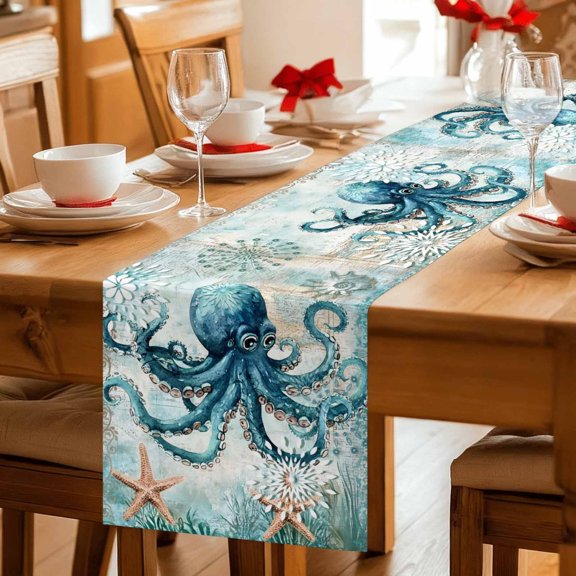 Ocean Octopus Starfish Monster Table Runner 36 Inches Long,Kitchen Dining Tablerunners Sea Coral Vintage Map Linen Table Runners Dresser Scarves for Home Dinner Wedding Holiday Party Decor
