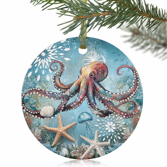Ocean Octopus Starfish Shell Jellyfish Christmas Ceramic Ornament 2025,3" Round Xmas Tree Hanging Accessories with Gold Ribbon