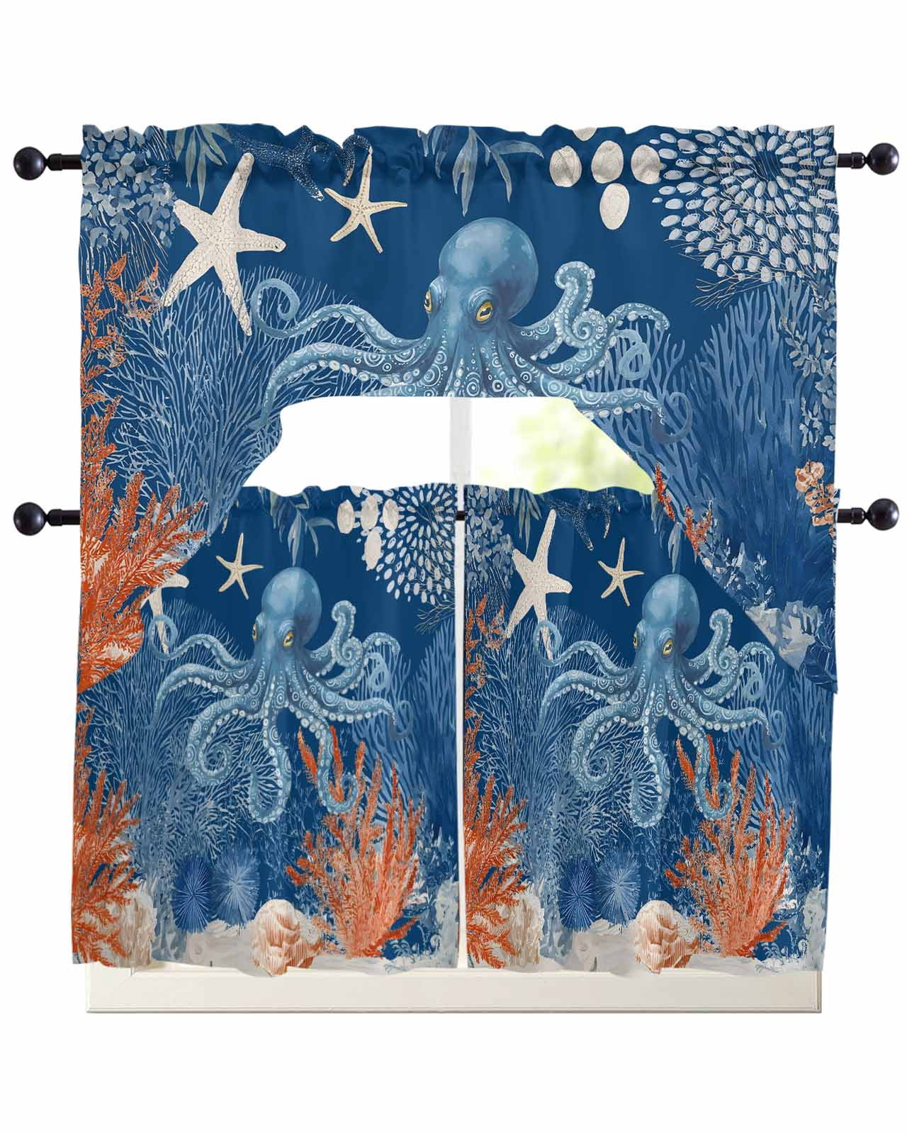 Ocean Octopus Swag Valance for Window, 3 Piece Summer Orange Blue Sea ...