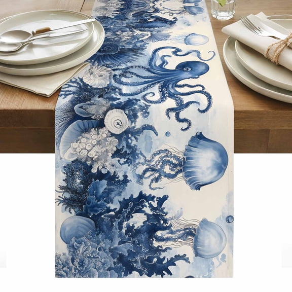 Ocean Octopus Table Runner 13 x 36 Inch, Retro Nautical Coastal Sea Octopus Coral Seashell Bubble Washable Cotton Linen Dining Table Runner Tabletop Decorations for Restaurant Home Kitchen Party