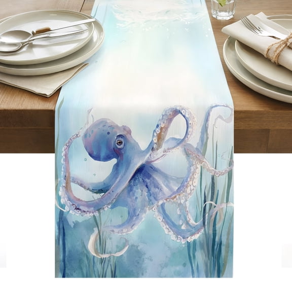 Ocean Octopus Table Runner Coastal Seagrass Blue Nautical Seaweed Tablerunners 13 x 36 Inch, Table Decorations Tabletop Scarf for Summer Gathering Holiday Farmhouse Kitchen Dining Decor