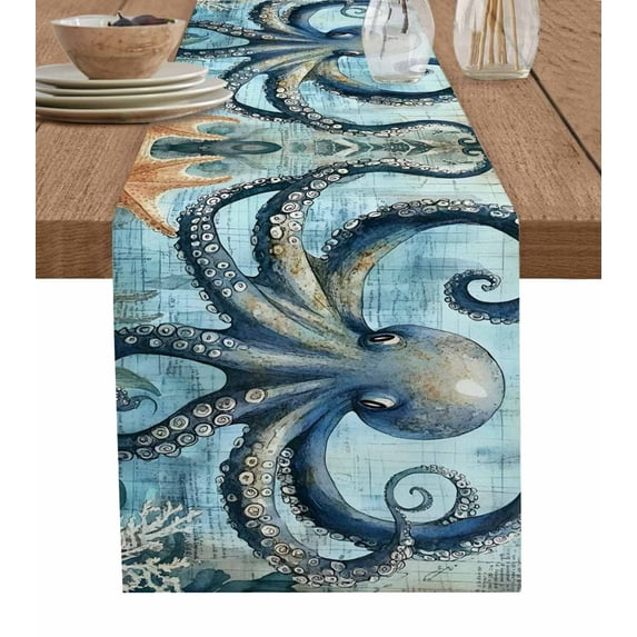 Ocean Octopus Table Runner Cotton Linen 90 Inch Holiday Dresser Scarves, Vintage Coastal Watercolor Starfish Coral Tablerunner for Kitchen Coffee Dining Bedroom Dinner Scarf Décor 13''x90''