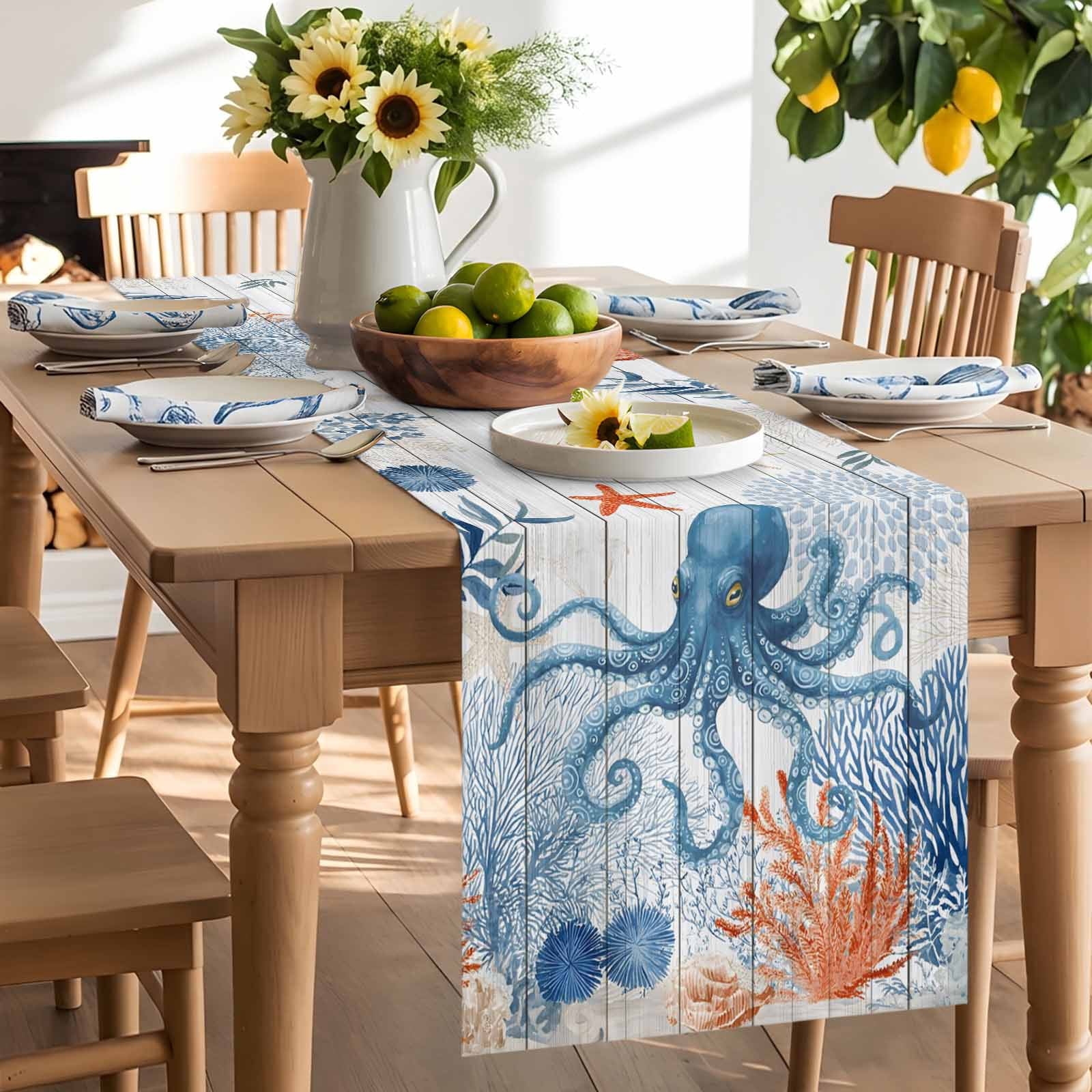 Ocean Octopus Table Runner, Summer Orange Blue Sea Animal Corals Shells ...