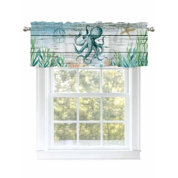 Ocean Octopus Valances for Windows Coral Starfish Vintage Wood Texture Rod Pocket Curtains Valance Short Window Treatment Drapes for Living Room, Bedroom Bathroom 60"&nbsp;W x 14" L