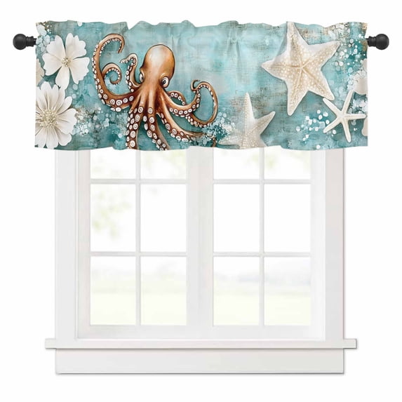 Ocean Octopus Valances for Windows Undersea Starfish Seashell Coral Vintage Rod Pocket Curtain Valance Window Treatment Short Curtains for Kitchen Living Room, 58"x16"