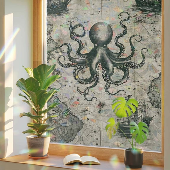 Ocean Octopus Vintage Maps Window Privacy Film, Rainbow Film Decorative Window Sticker 17.7x39.3in, Nautical Ship Sun Blocking Static Stained Glass Cling Tint Non-Adhesive
