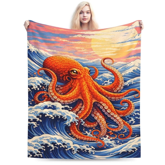 Ocean Octopus Waves Blanket Marine Sea Animal Throw Blanket Soft Cozy Blanket for Couch Bed Summer Beach Gift Decor 50x40