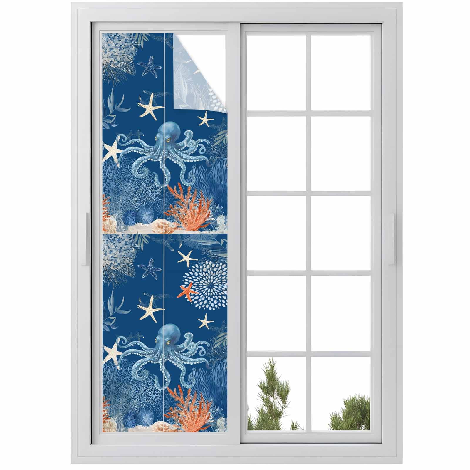 Ocean Octopus Window Privacy Film, Summer Orange Blue Sea Animal Corals Dark Blue Frosted Glass Window Clings Static Cling UV Heat Blocking Reusable Door Sticker for Bathroom 29.5 x 118 Inch