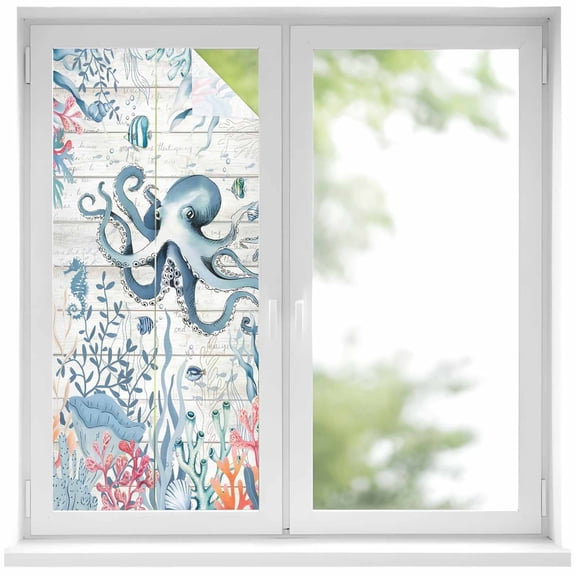 Ocean Octopus Window Privacy Film, Watercolor Seaweed Sea Horse Coral Wood Grain Frosted Glass Window Clings Static Cling UV Heat Blocking Reusable Door Sticker for Bathroom 19.6 x 39.3 Inch
