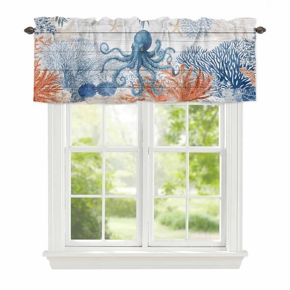 Ocean Octopus Window Valance for Kitchen, Summer Orange Blue Sea Animal Corals Shells Wooden Rod Pocket Short Curtain for Small Windows, Light Filtering Decorative Valance, 56 x 16 Inch, 1 Panel