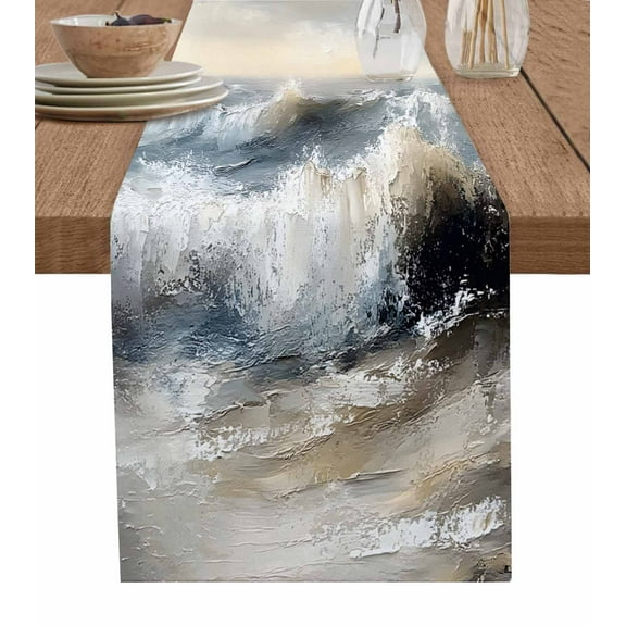 Ocean Oil Painting Table Runner 36 Inches, Farmhouse Retro Beach Abstract Art Bed Runner Dresser Scarves Tabletop for Indoor Outdoor Parties/Ceremony/Banquet, 13"x 36"