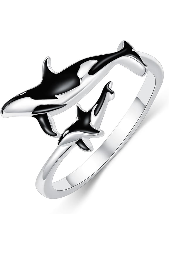 Ocean Open Ring 925 Sterling Silver Orca/Killer Whale/Shark/Manta Ray Adjustable Ring Animal Lovers Jewelry Ocean Gift for Friend/Daughter/Mother, Size 7