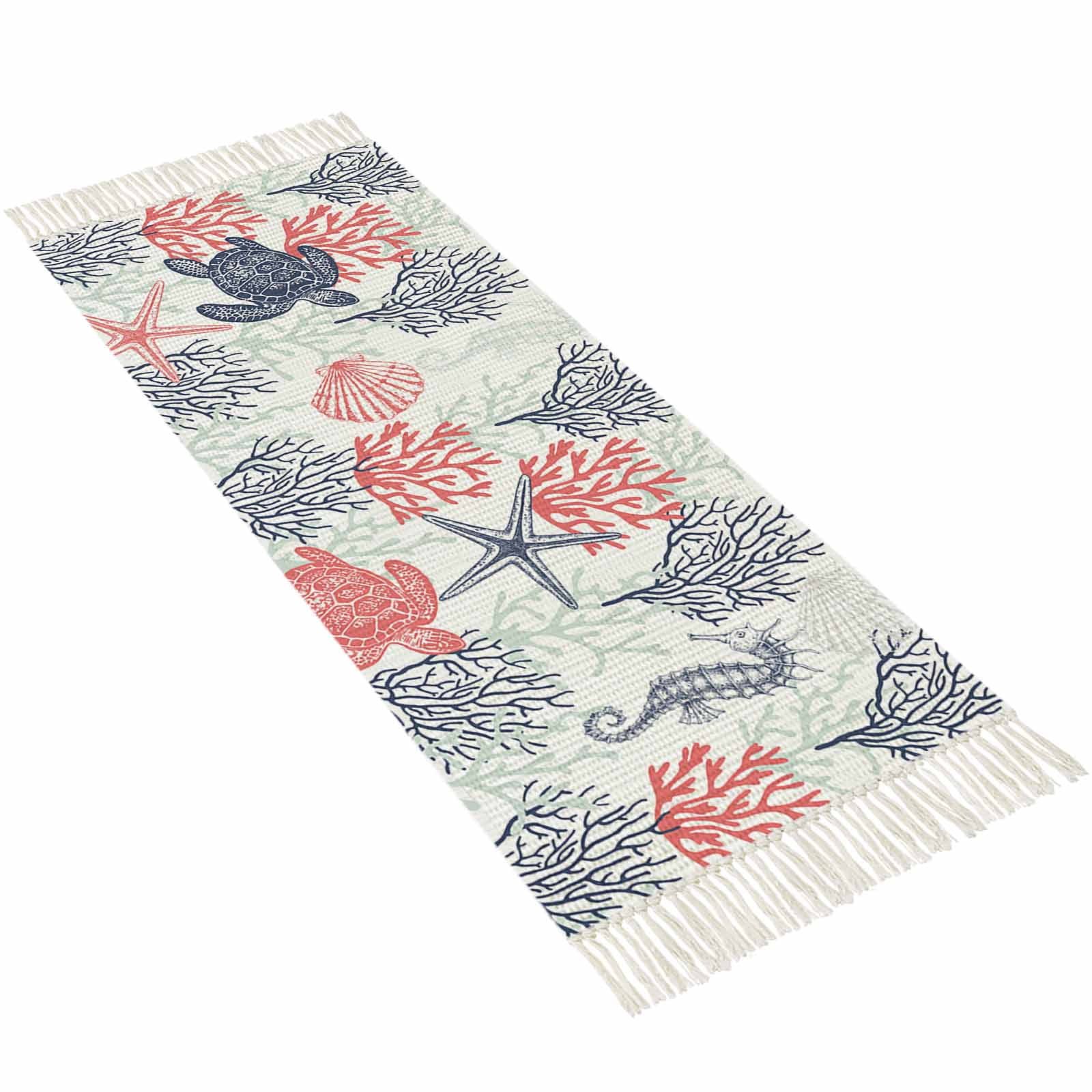 Ocean Orange Blue Kitchen Runner Rug 2x5 Bedside Rug with Tassel Woven ...