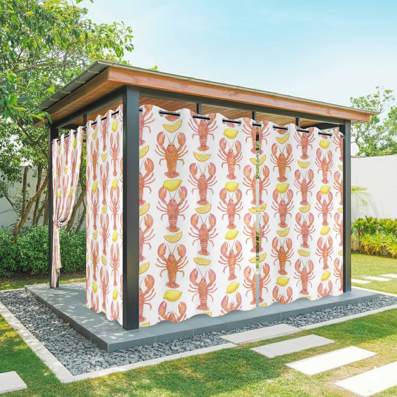 Ocean Orange Lobster Outdoor Curtains for Patio, Summer Nautical Sea Watercolor Yellow Lemon Sunshade Privacy Drapes Grommet Waterproof Outside Curtains for Porch/Cabana/Balcony 54"x 108", 1 Panel