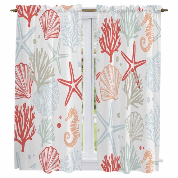 Ocean Orange Red Kitchen Curtains, Coastal Starfish Coral Shell Marine Light Filtering Window Curtain Panels, 2Pcs Rod Pocket Window Treatments Set for Living Room Bathroom Bedroom 42x63 Inches