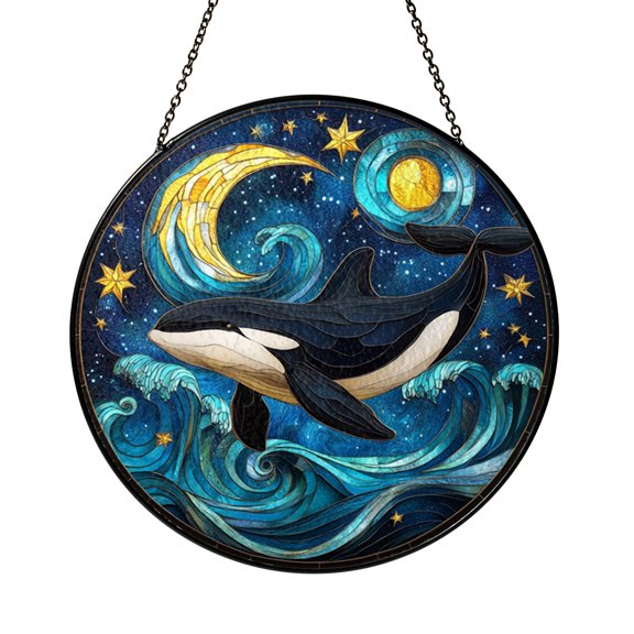 Ocean Orca Window Decor – Stained Glass Style Marine Art