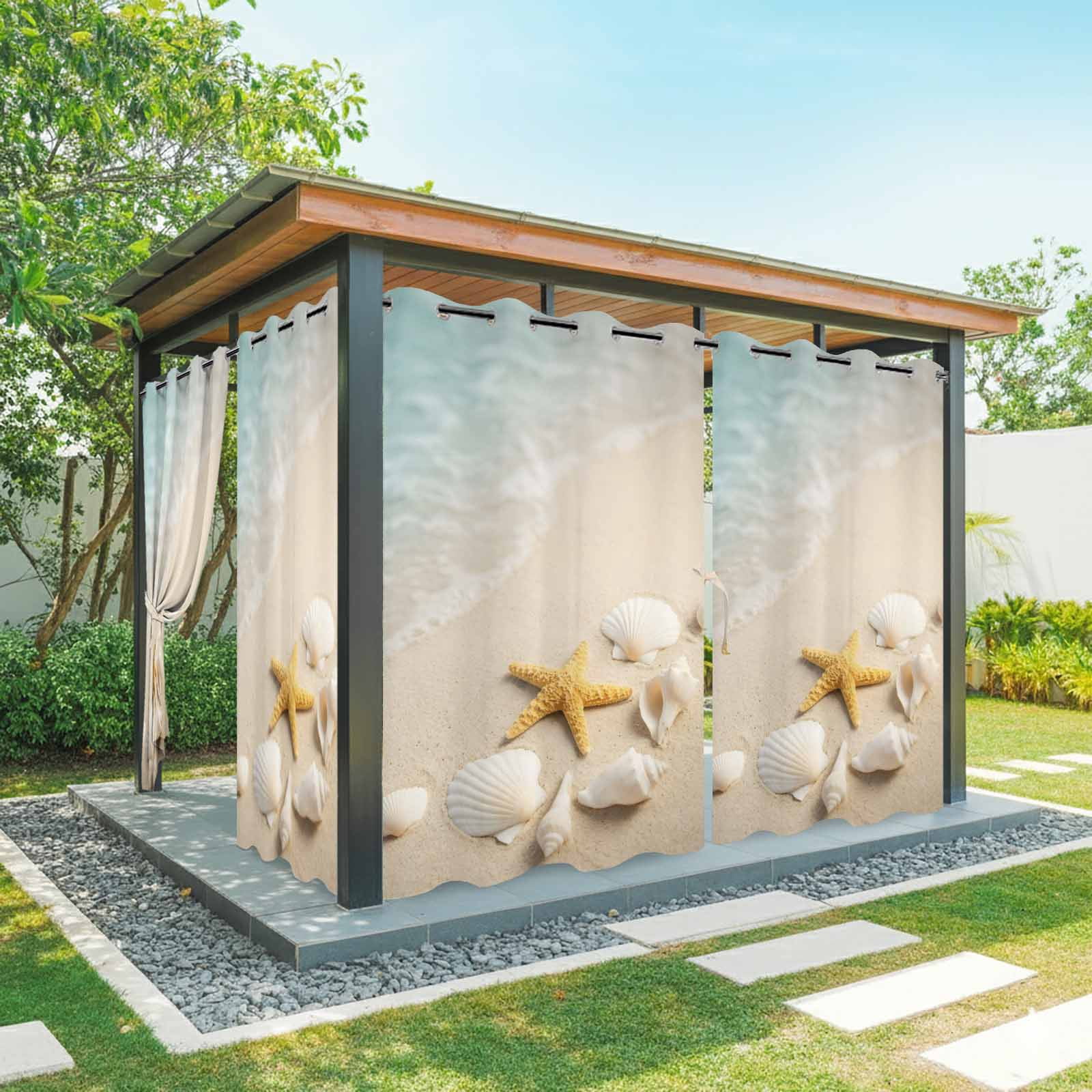 Ocean Outdoor Curtains for Patio, Summer Beach Teal Sea Wave Starfish Seashells Beige Sand Sunshade Privacy Drapes Grommet Waterproof Outside Curtains for Porch/Cabana/Balcony 54"x 108", 2 Panel