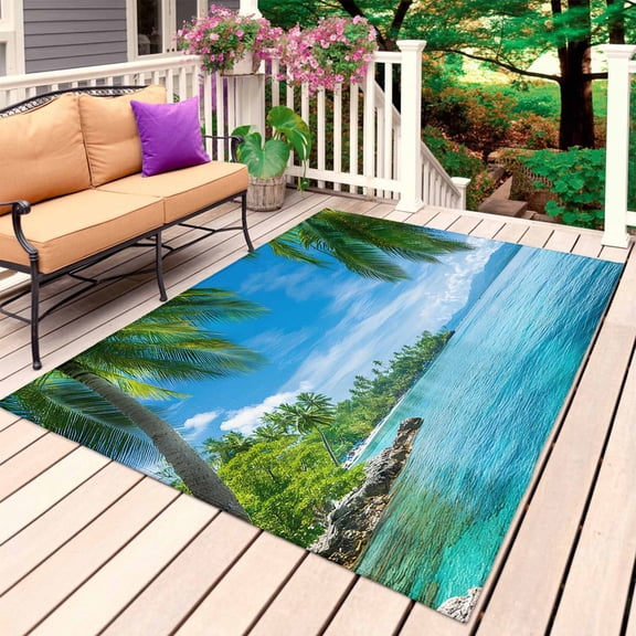 Ocean Outdoor Rug 3x5 Ft, Non Slip Washable Area Rug, Blue Sky Palm Tree Beach Scenery Forest Shore Patio Rugs Carpet Runner, Large Floor Mat for Indoor/Outdoor Deck Porch Camping