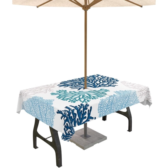 Ocean Outdoor Tablecloth Teal Blue Coral Rectangle Patio Tablecloths 60x84, Nautical Coastal Table Cloths with Umbrella Hole and Zipper, Summer Beach Starfish Table Cover for Outdoor Tables Garden