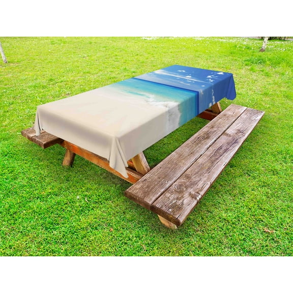 Ocean Outdoor Tablecloth, Tropic Ocean Style Sandy Shore and Sea with Waves Escape to Paradise Theme, Decorative Washable Fabric Picnic Tablecloth, 58 X 104 Inches, Cream Turquoise White, by Ambesonne