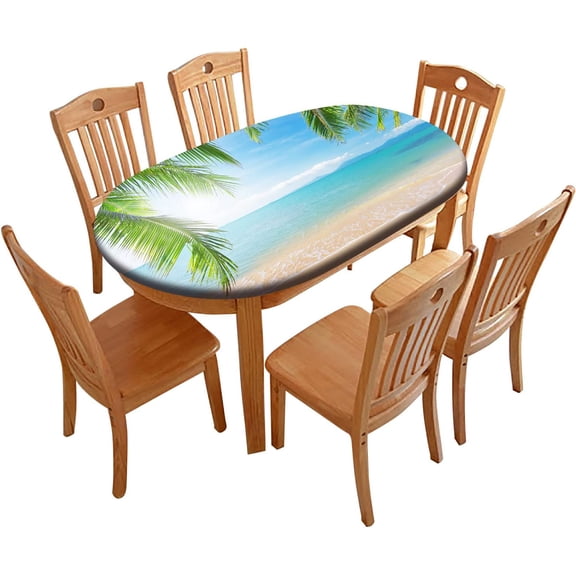 Ocean Oval Fitted Tablecloths, Palm Trees and Ocean Sea Pattern Pring Elastic Edged Table Covers, Fits Tables up to 48" x 68", Wrinkle-Proof Table Cloths Indoor Restaurant Outdoor Terrace Dining Use