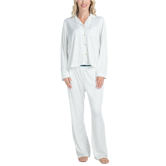 Ocean Pacific Women's All the Vibes Button Down and Notch Collar Pajama Set, Happy Dot, L