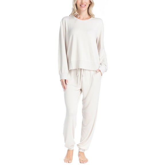 Ocean Pacific Women's Fuzzy Feelings Pajama Set, Long Sleeve and Jogger Sleep Pants, Beige, S