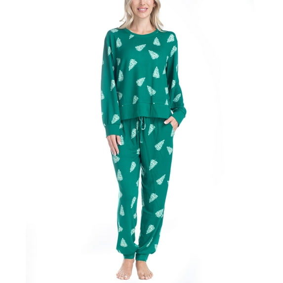 Ocean Pacific Women's Fuzzy Feelings Pajama Set, Long Sleeve and Jogger Sleep Pants, Emerald Tree, M
