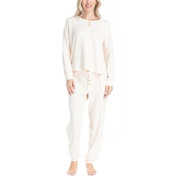 Ocean Pacific Women's Waffle Knit Pajama Set, Long Sleeve Henley and Jogger Sleep Pants, Beige, S