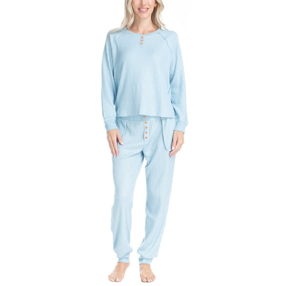 Ocean Pacific Women's Waffle Knit Pajama Set, Long Sleeve Henley and Jogger Sleep Pants, LtBlu/White Dot, S