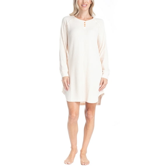 Ocean Pacific Women's Long Sleeve Nightgown, Waffle Knit Henley Sleepshirt, Beige, S
