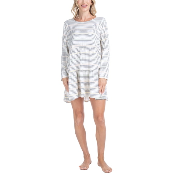 Ocean Pacific Women's Lounge Set Waves for Days Long Sleeve Tiered Dress, Multi Stripe, L
