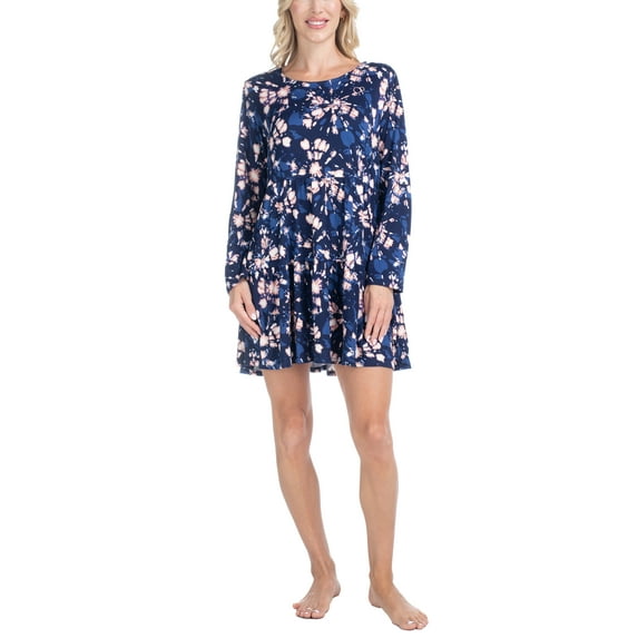 Ocean Pacific Women's Lounge Set Waves for Days Long Sleeve Tiered Dress, Navy Tie Dye, L
