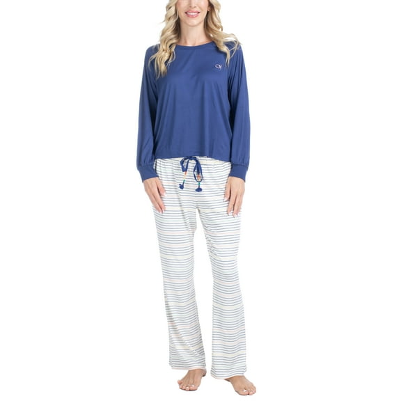 Ocean Pacific Women's Waves for Days Pajama Set, Long Sleeve Crew Neck and Sleep Pants, Navy/Multi Stripe, L