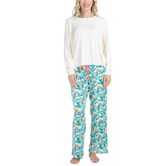 Ocean Pacific Women's Waves for Days Pajama Set, Long Sleeve Crew Neck and Sleep Pants, White/Bird of Paradise, M