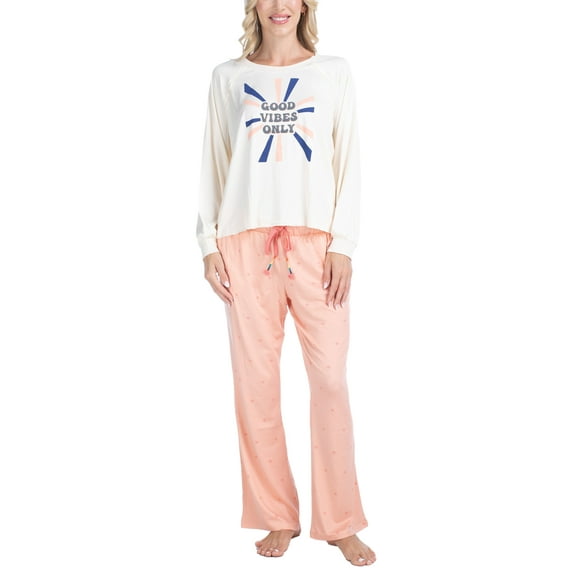 Ocean Pacific Women's Waves for Days Pajama Set, Long Sleeve Crew Neck and Sleep Pants, White/Shell, S