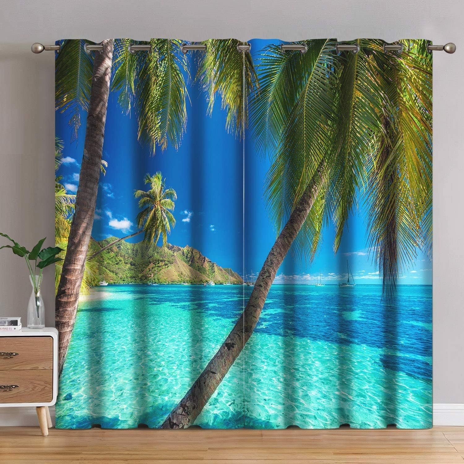 Ocean Palm Tree Blackout Curtains Tropical Beach Theme Clear Sea Island View Seaside Scenery Print Grommet Window Drapes Decor for Bedroom Living Room Blue 2 Panel Set, 42"x63"