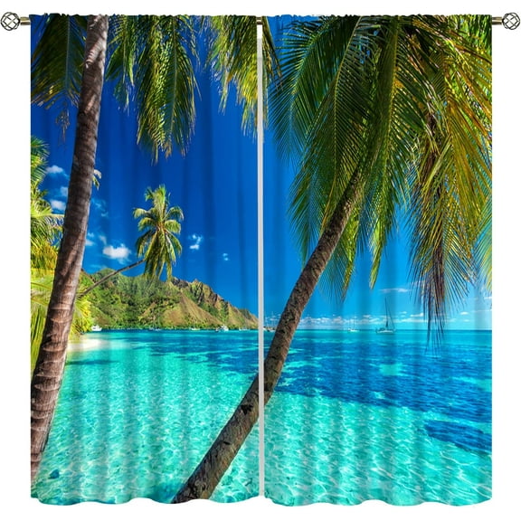 Ocean Palm Tree Curtains for Home Decor, Summer Tropical Beach Hawaiian Theme Blue Ocean Seaside Scenery Print Blackout Rod Pocket Window Treatments Drapes for Kitchen Bedroom42x54in