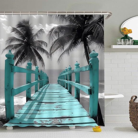 Ocean Palm Tree Shower Curtain, Tropical Hawaii Beach, Bridge, Sandy Seaside and Coastal Nature Landscape Bathroom Decor 36"W x 72"H