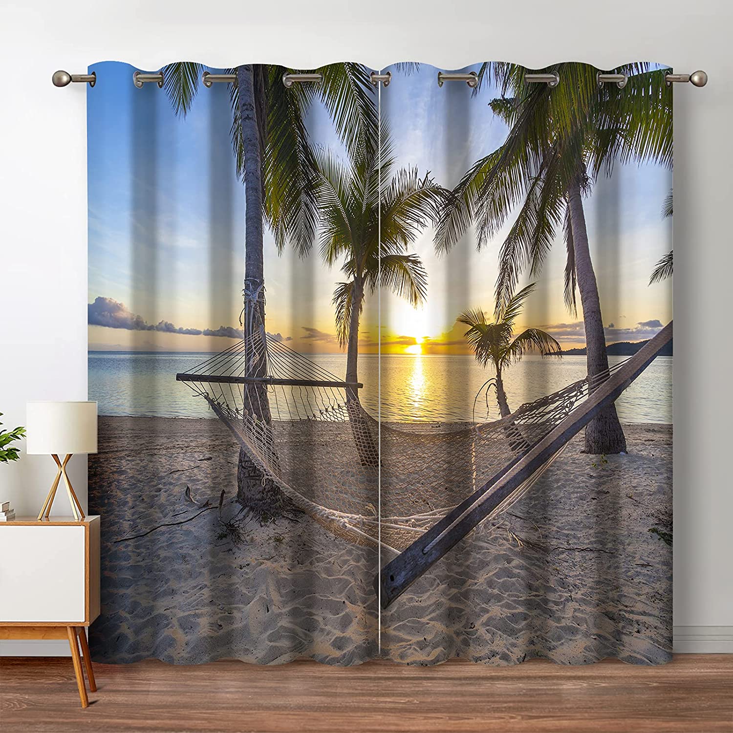 Ocean Palm Trees Blackout Curtains Beach Sky Sunshine Seascape Decor