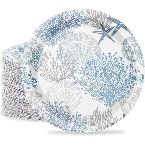Ocean Paper Plates Blue Coral Seashell Disposable Plates Beach Sea Theme Decorative Dinner Plates for Party Tableware Supplies Table Decor