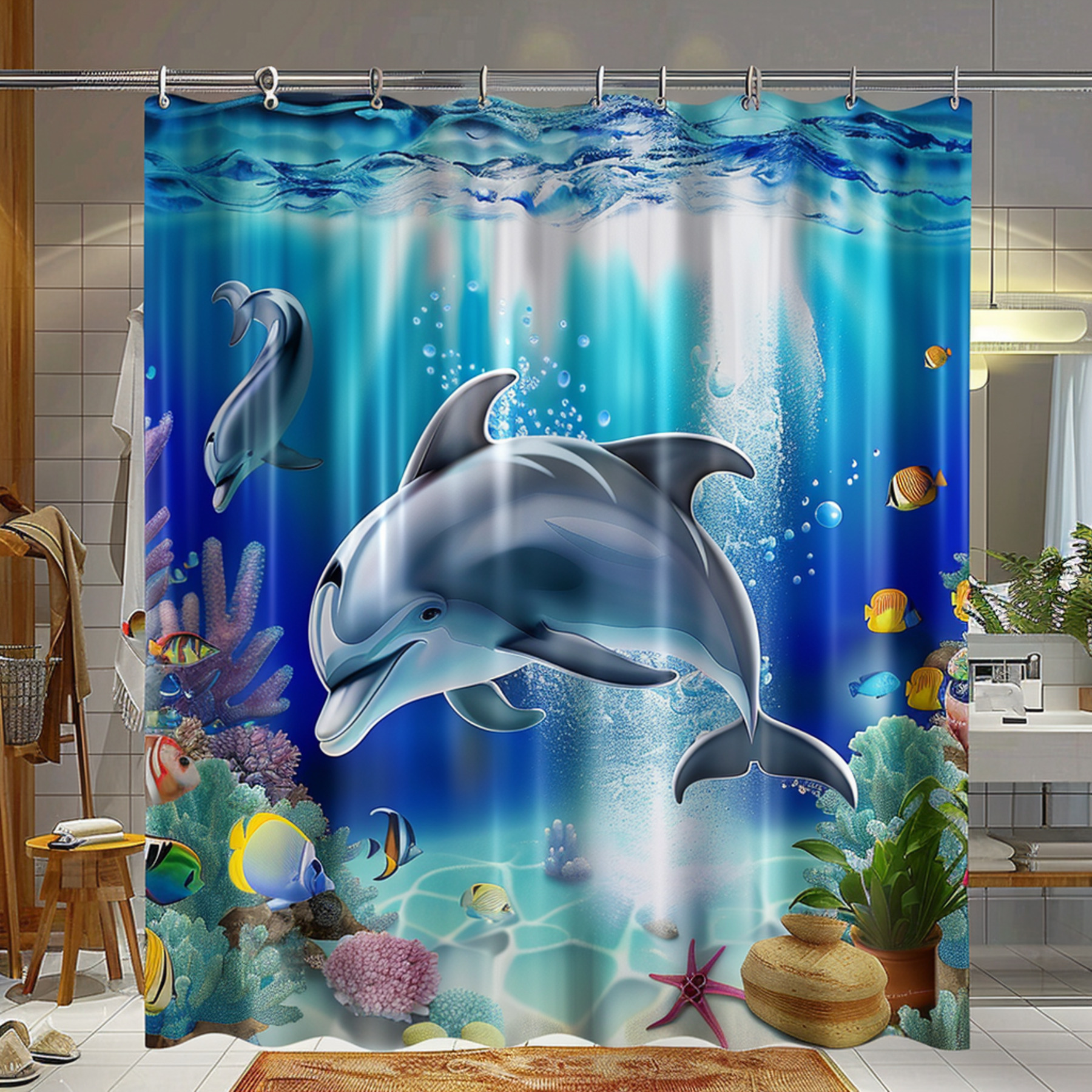 Ocean Paradise Cute Dolphins Shower Curtain Cartoon Style Hyper